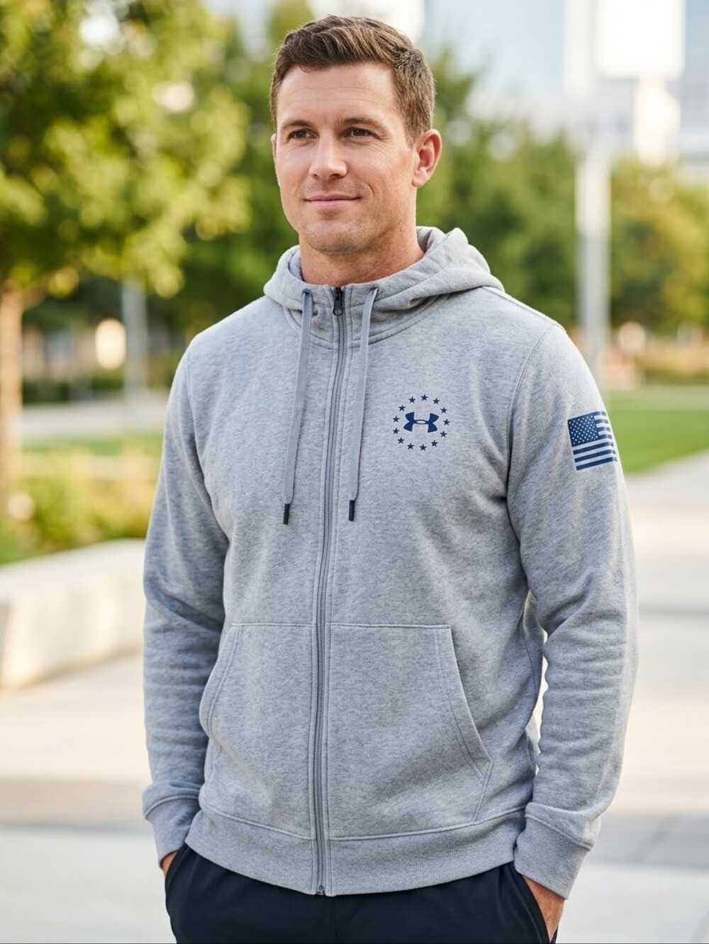 UNDER ARMOUR Zip-Up Hoodie Gray and Navy Blue Size Large with American Flag